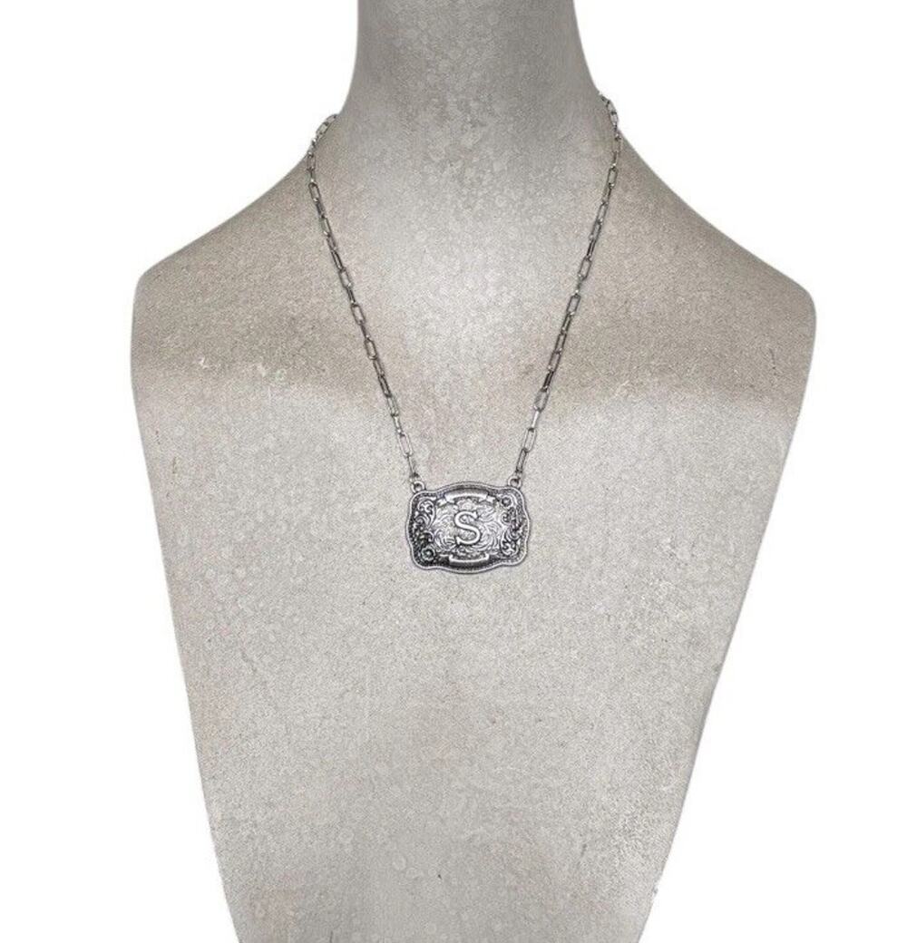 TIPI Western Silver Tone Belt Buckle Initial S Necklace Cowboy Southwestern NWT